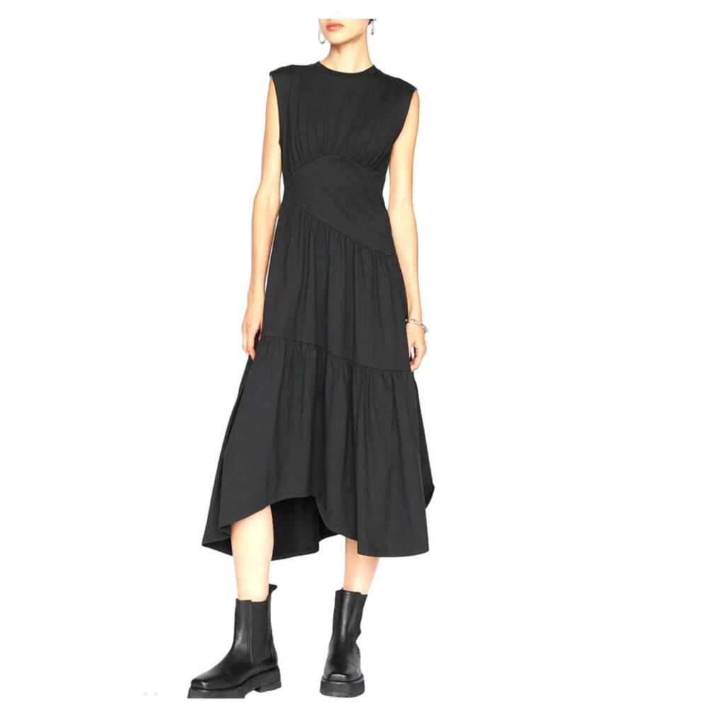 FRAME Gathered Seam Organic Cotton Midi Dress Jersey Slvls Navy Blue Sz M